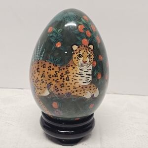 Reverse Hand Painted Glass Egg African Animals Wood Stand Leopard Zebra Giraffe